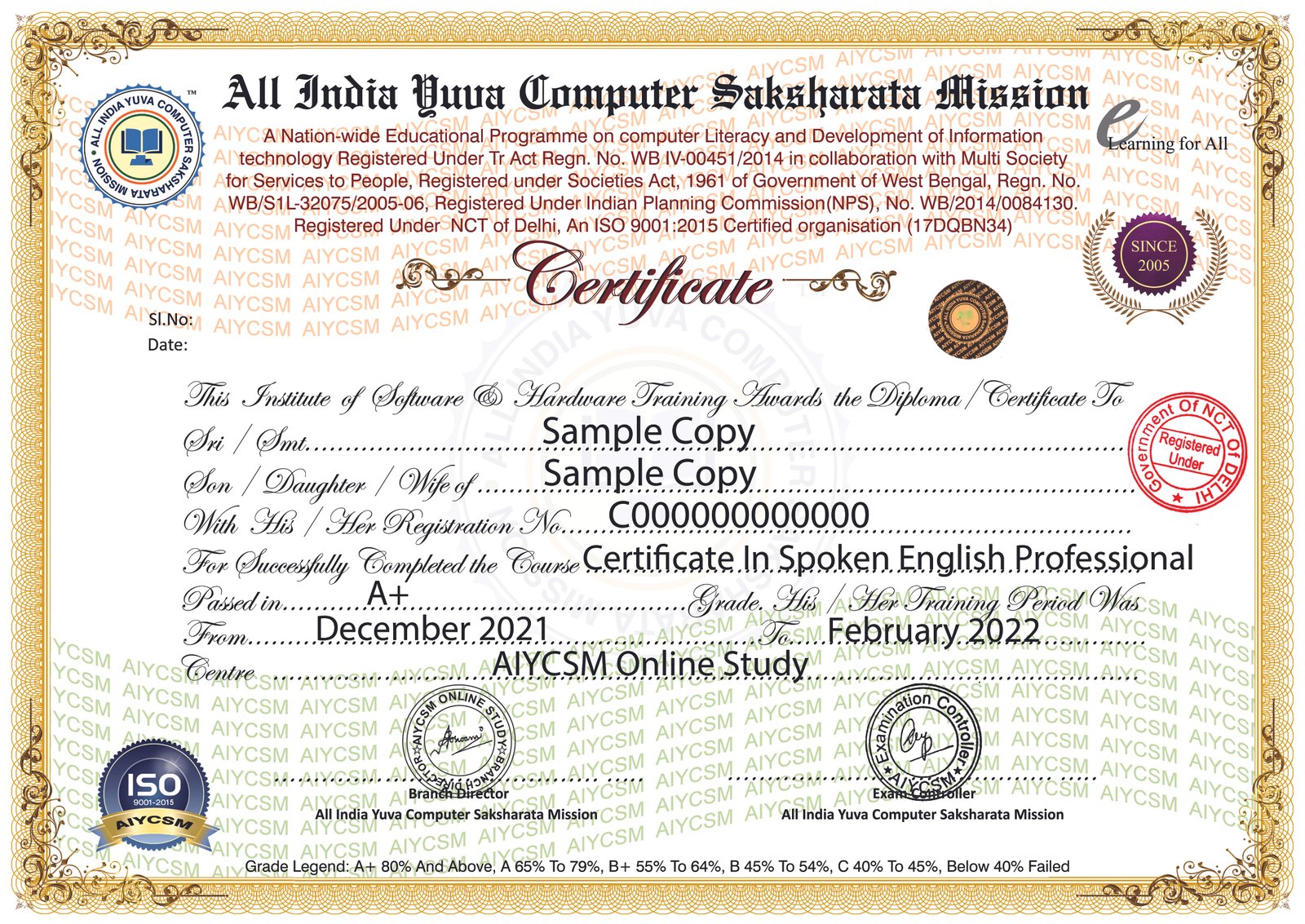 Certificate In Spoken English Professional sample certificate